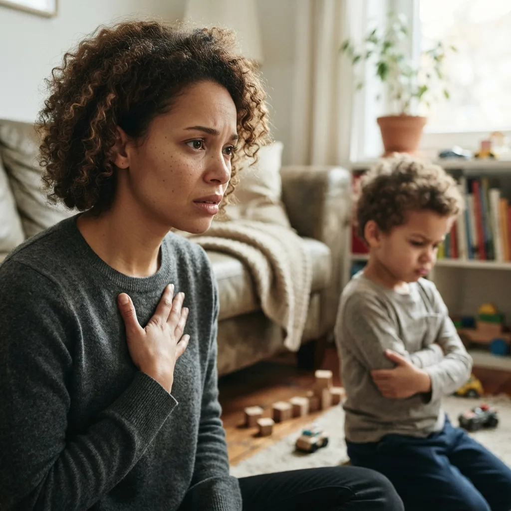 Mãe preocupada observando o filho, com medo de repetir seus padrões nele